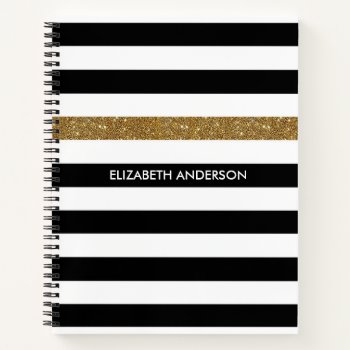 Modern Black Stripes Faux Gold Glitz And Name Notebook by ohsogirly at Zazzle