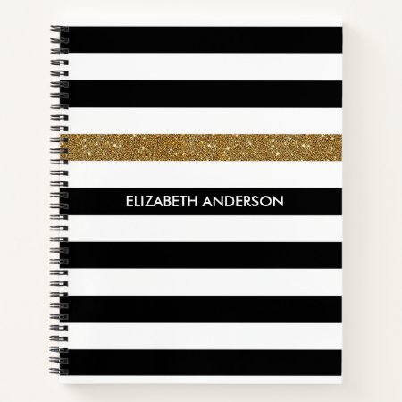 Modern Black Stripes Faux Gold Glitz And Name Notebook