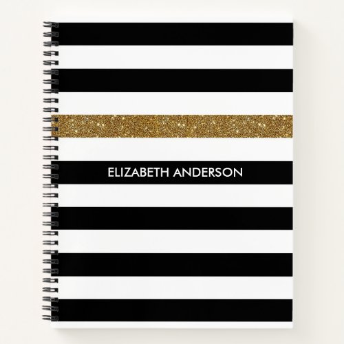 Modern Black Stripes FAUX Gold Glitz and Name Notebook