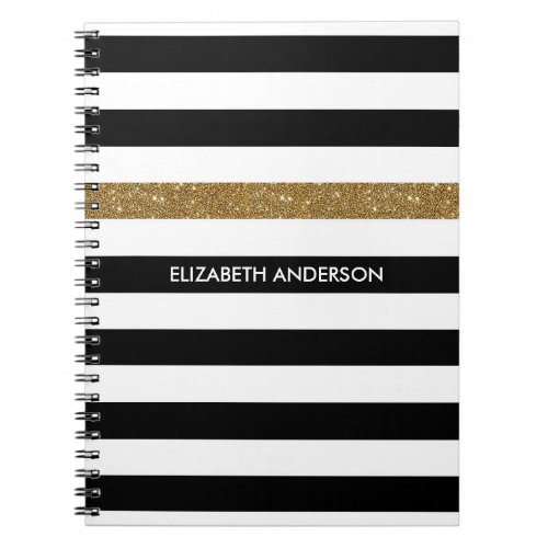 Modern Black Stripes FAUX Gold Glitz and Name Notebook