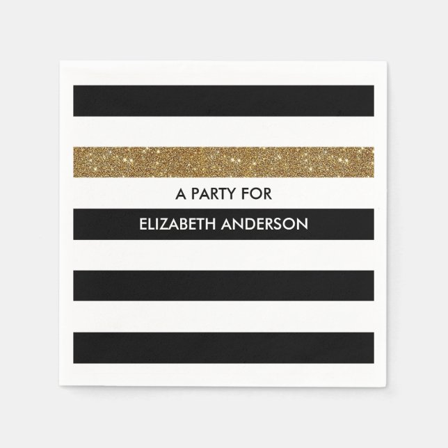 Modern Black Stripes FAUX Gold Glitz and Name Paper Napkins (Front)