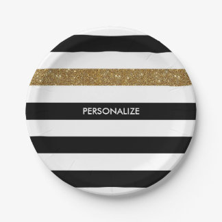 Modern Black Stripes FAUX Gold Glitz and Name Paper Plate