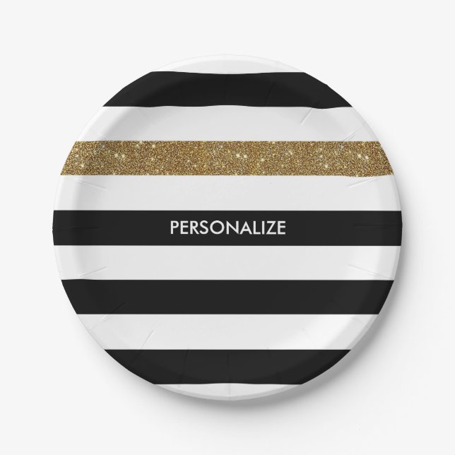 Modern Black Stripes FAUX Gold Glitz and Name Paper Plates (Front)
