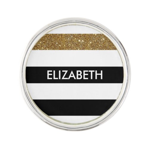Modern Black Stripes FAUX Gold Glitz and Name Pin