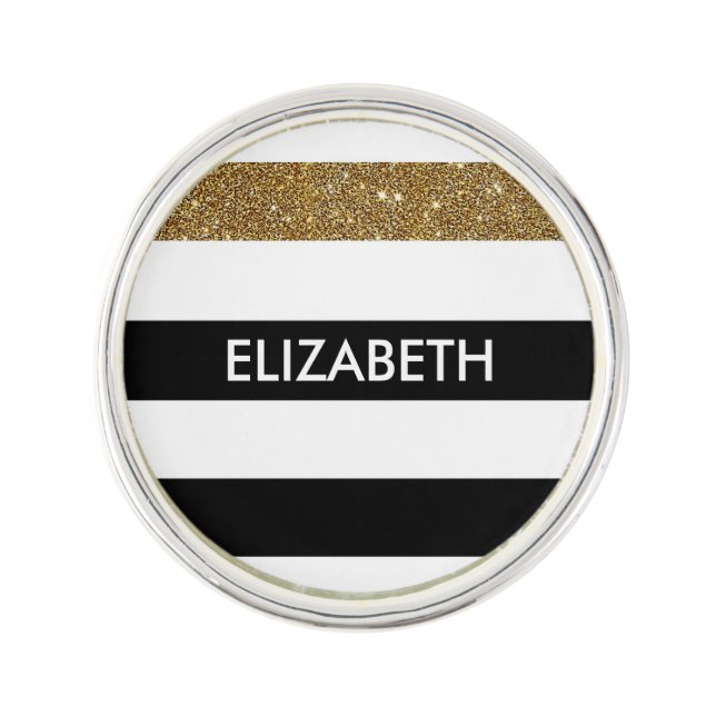 Modern Black Stripes FAUX Gold Glitz and Name Pin (Front)