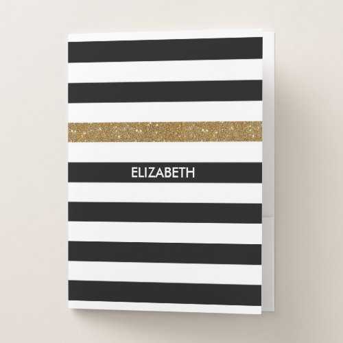 Modern Black Stripes FAUX Gold Glitz and Name Pocket Folder