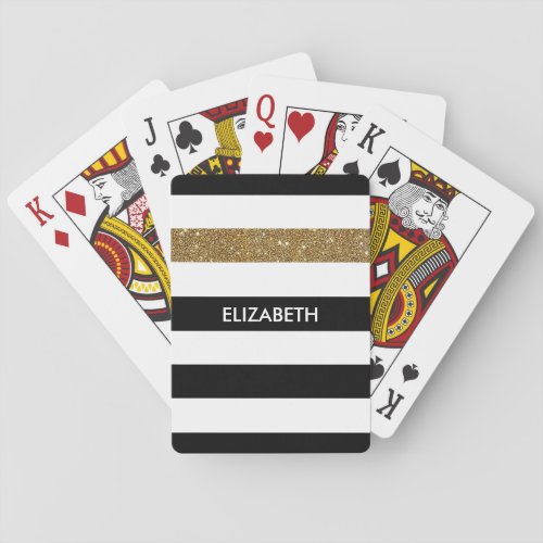 Modern Black Stripes FAUX Gold Glitz and Name Poker Cards