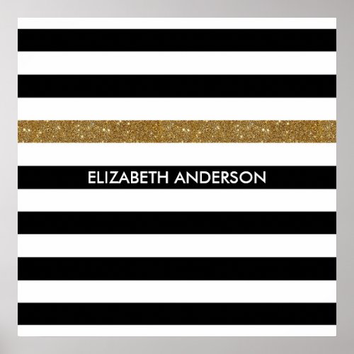 Modern Black Stripes FAUX Gold Glitz and Name Poster
