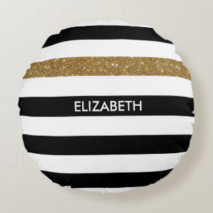Modern Black Stripes FAUX Gold Glitz and Name Round Pillow