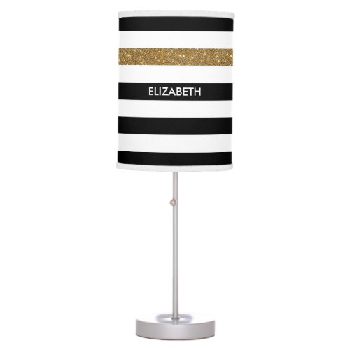 Modern Black Stripes FAUX Gold Glitz and Name Table Lamp