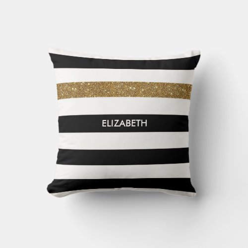 Modern Black Stripes FAUX Gold Glitz and Name Throw Pillow