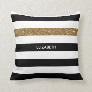 Modern Black Stripes FAUX Gold Glitz and Name Throw Pillow