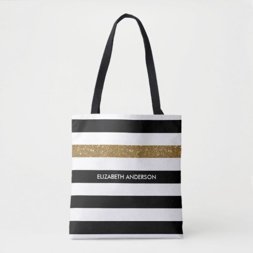 Modern Black Stripes FAUX Gold Glitz and Name Tote Bag