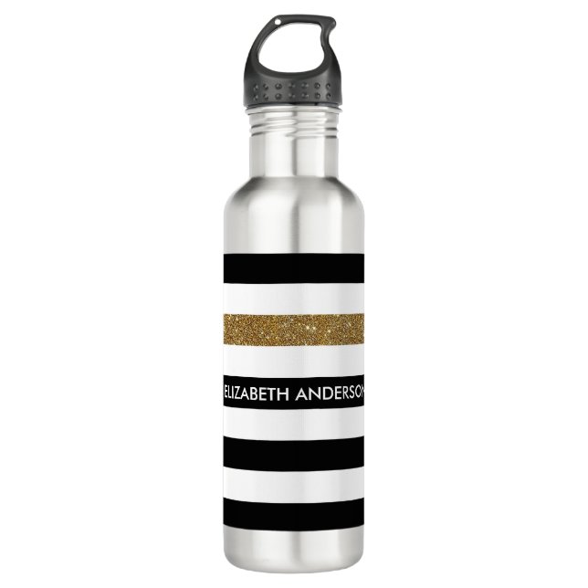 Modern Black Stripes FAUX Gold Glitz and Name Water Bottle (Front)