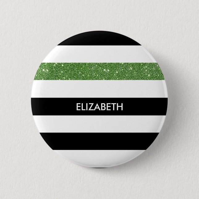 Modern Black Stripes FAUX Green Glitz and Name Button (Front)