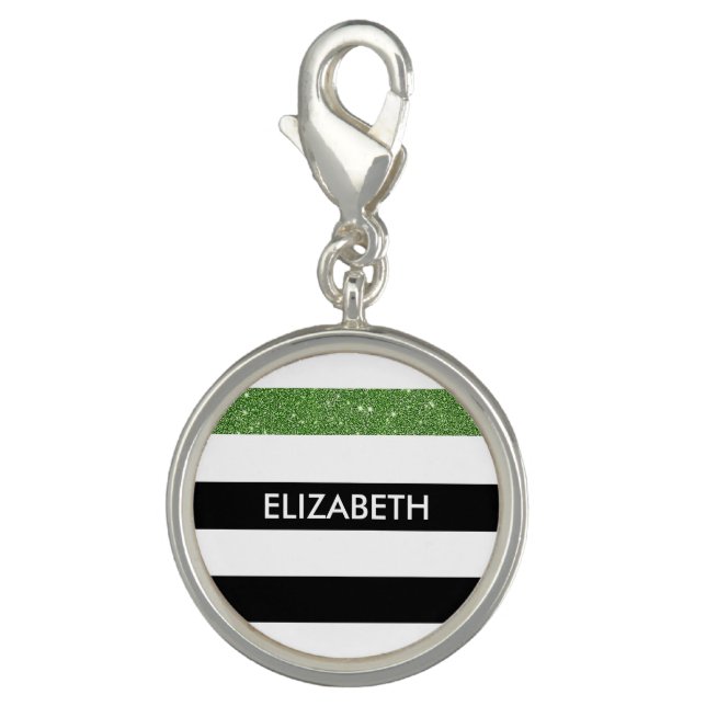 Modern Black Stripes FAUX Green Glitz and Name Charm (Front)