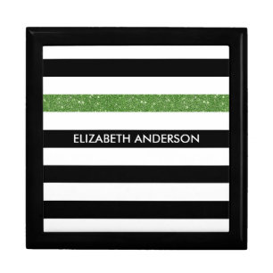 Modern Black Stripes FAUX Green Glitz and Name Gift Box