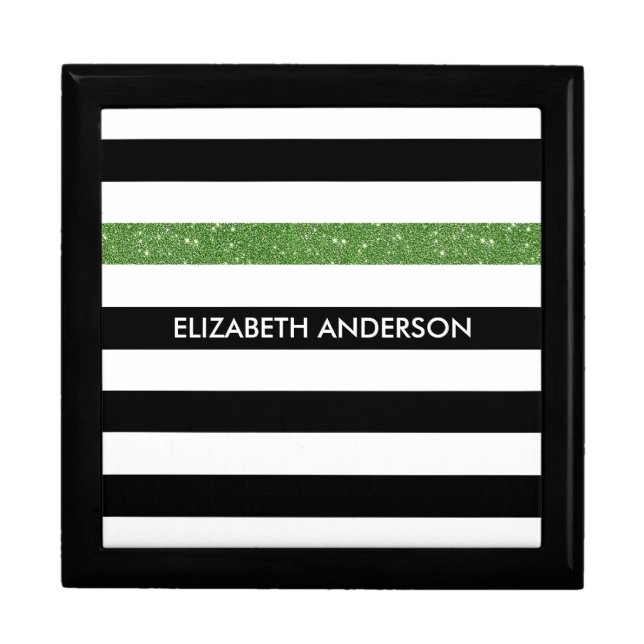 Modern Black Stripes FAUX Green Glitz and Name Gift Box (Front)
