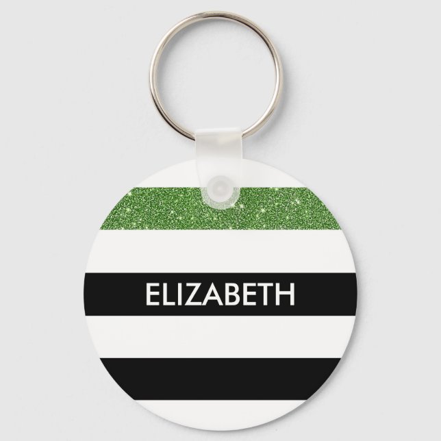 Modern Black Stripes FAUX Green Glitz and Name Keychain (Front)