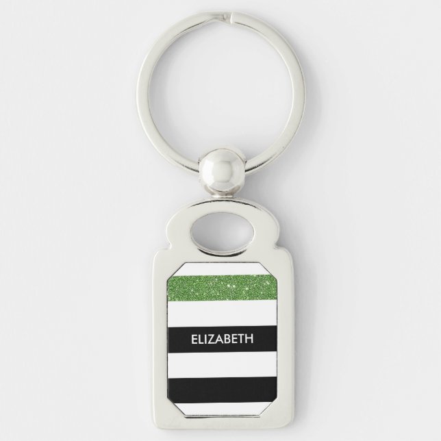 Modern Black Stripes FAUX Green Glitz and Name Keychain (Front)