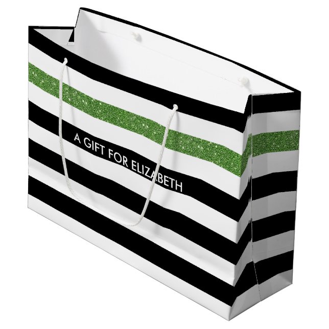 Modern Black Stripes FAUX Green Glitz and Name Large Gift Bag (Front Angled)