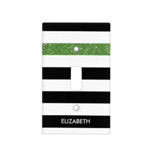 Modern Black Stripes FAUX Green Glitz and Name Light Switch Cover