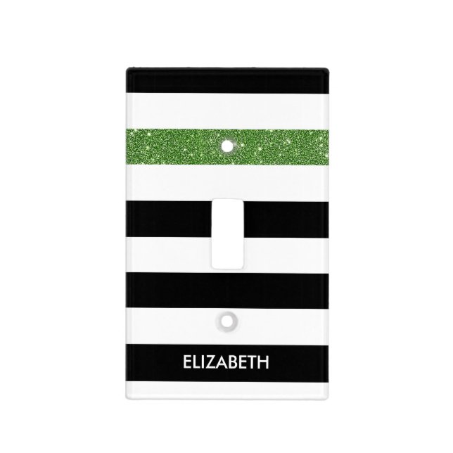 Modern Black Stripes FAUX Green Glitz and Name Light Switch Cover (Front)