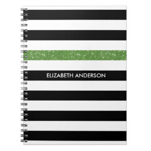 Modern Black Stripes FAUX Green Glitz and Name Notebook