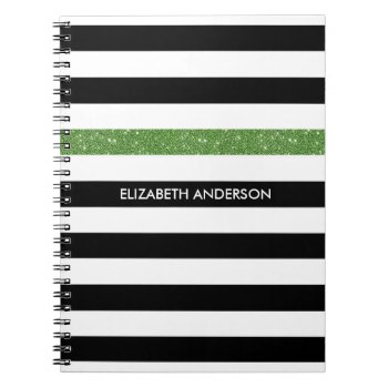 Modern Black Stripes Faux Green Glitz And Name Notebook by ohsogirly at Zazzle