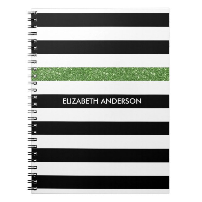Modern Black Stripes FAUX Green Glitz and Name Notebook (Front)