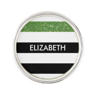 Modern Black Stripes FAUX Green Glitz and Name Pin