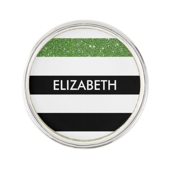 Modern Black Stripes FAUX Green Glitz and Name Pin (Front)