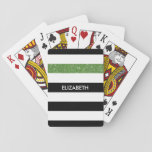 Modern Black Stripes Faux Green Glitz And Name Playing Cards at Zazzle