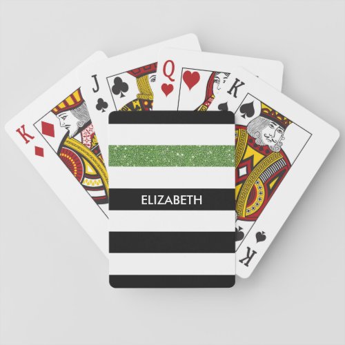 Modern Black Stripes FAUX Green Glitz and Name Playing Cards
