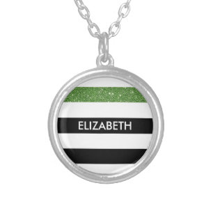 Modern Black Stripes FAUX Green Glitz and Name Silver Plated Necklace