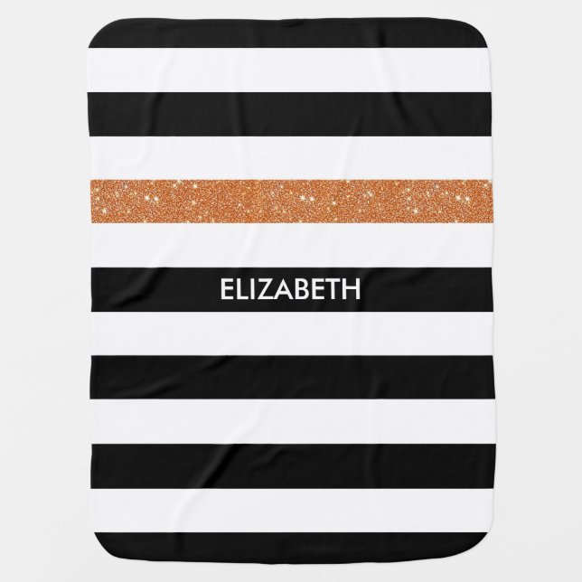 Modern Black Stripes FAUX Orange Glitz and Name Baby Blanket (Front)