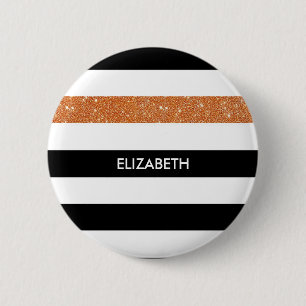 Modern Black Stripes FAUX Orange Glitz and Name Button