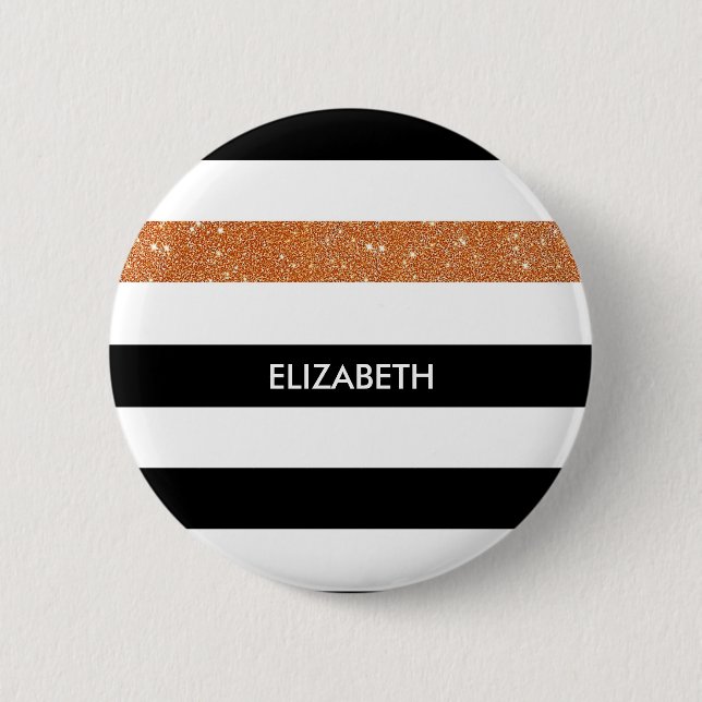 Modern Black Stripes FAUX Orange Glitz and Name Button (Front)