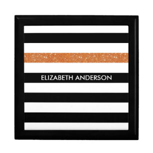 Modern Black Stripes FAUX Orange Glitz and Name Keepsake Box