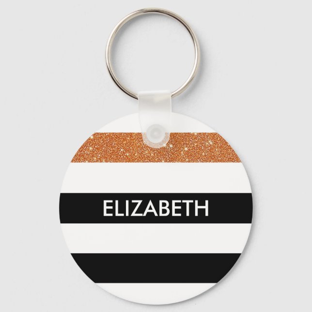 Modern Black Stripes FAUX Orange Glitz and Name Keychain (Front)