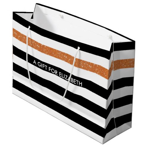 Modern Black Stripes FAUX Orange Glitz and Name Large Gift Bag