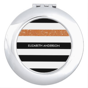 Modern Black Stripes FAUX Orange Glitz and Name Mirror For Makeup