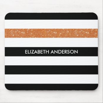 Modern Black Stripes Faux Orange Glitz And Name Mouse Pad by ohsogirly at Zazzle