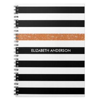 Modern Black Stripes Faux Orange Glitz And Name Notebook by ohsogirly at Zazzle