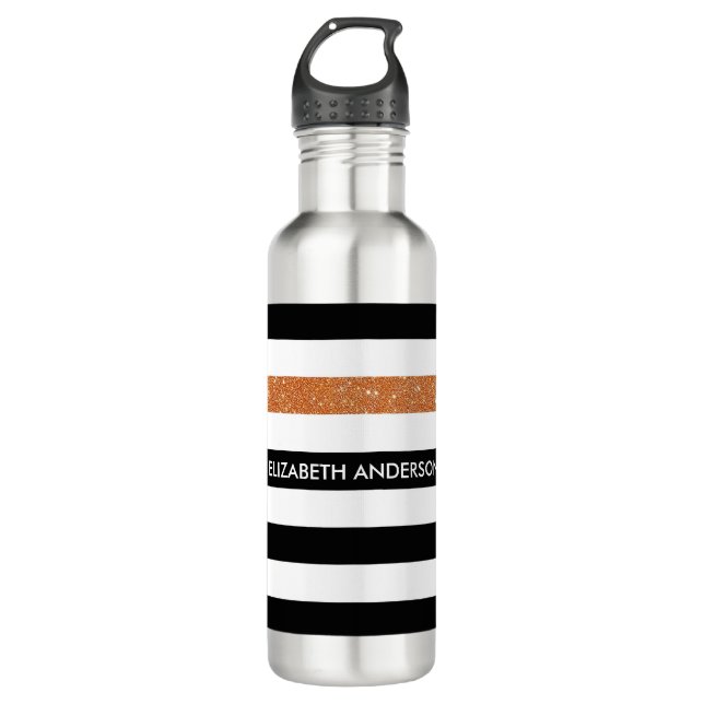 Modern Black Stripes FAUX Orange Glitz and Name Water Bottle (Front)