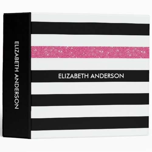 Modern Black Stripes FAUX Pink Glitz and Name Binder