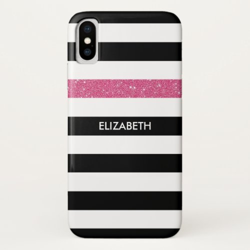 Modern Black Stripes FAUX Pink Glitz and Name iPhone X Case