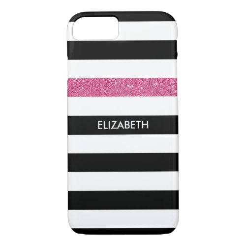 Modern Black Stripes FAUX Pink Glitz and Name iPhone 87 Case