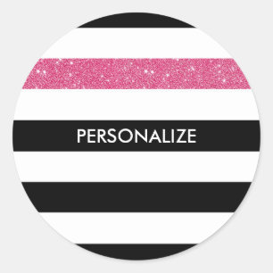 Modern Black Stripes FAUX Pink Glitz and Name Classic Round Sticker