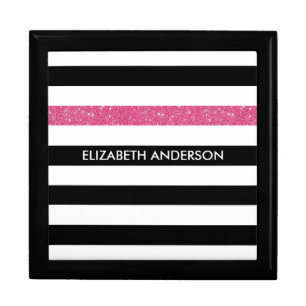 Modern Black Stripes FAUX Pink Glitz and Name Jewelry Box